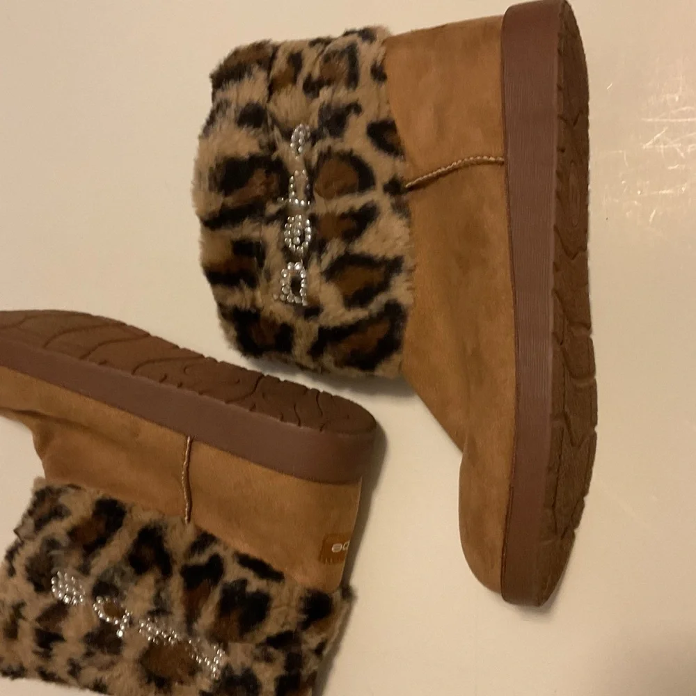 bebe Tan and Leopard Print Fur Boots - Picture 4 of 6